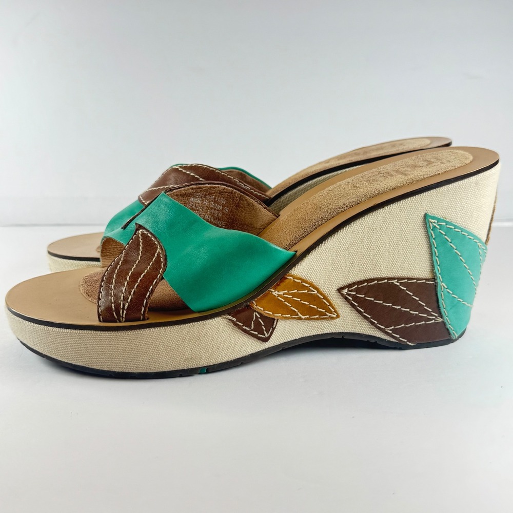 Indigo by Clarks Womens Teal Brown Leather Leaf Wedge Sandals Size 8.5M 80354